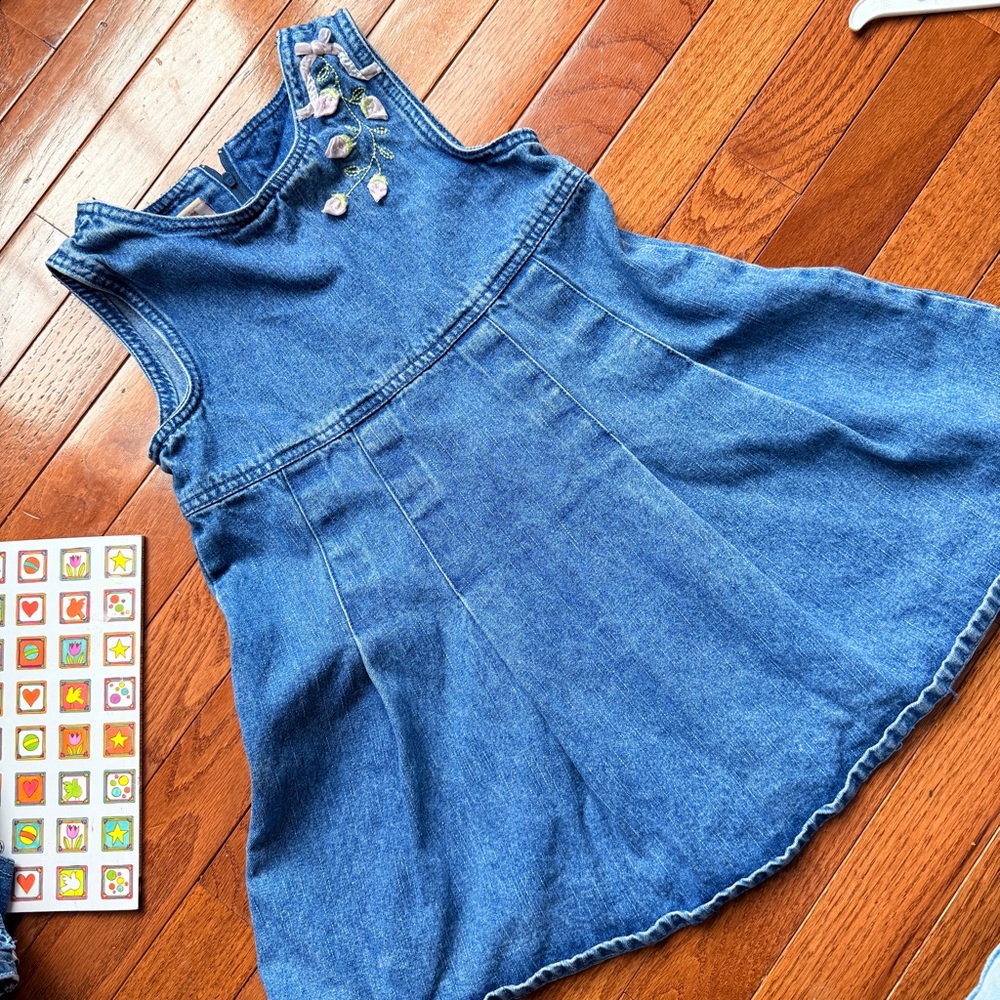 Vintage Faded Glory Floral Embroidered Denim Jumper Dress - 5T